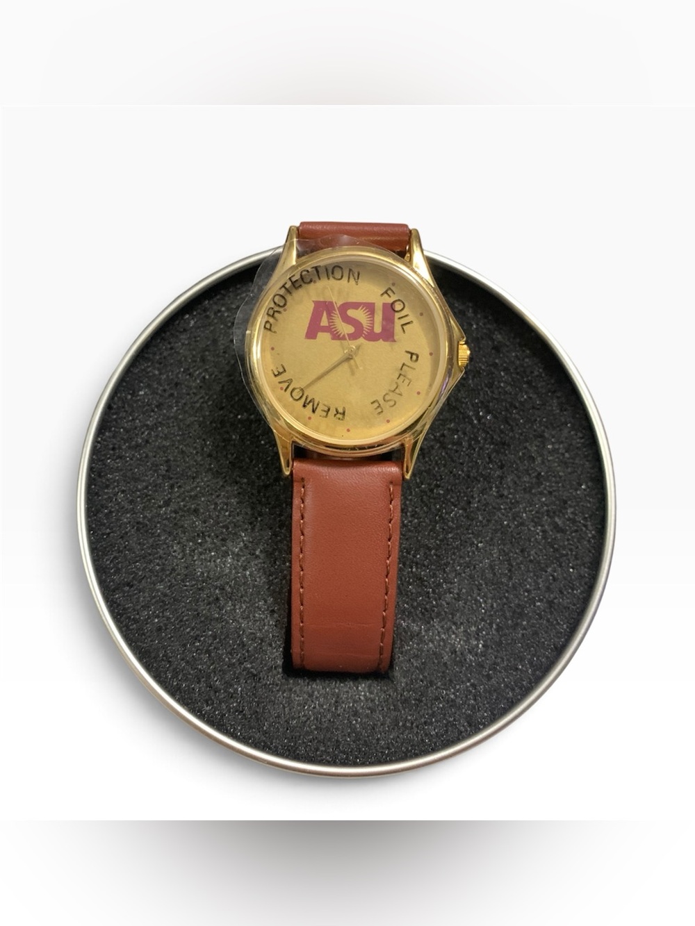 Sweda Quartz Analog Wristwatch Gold-Tone Case Brown Leather Strap ASU w/ Box